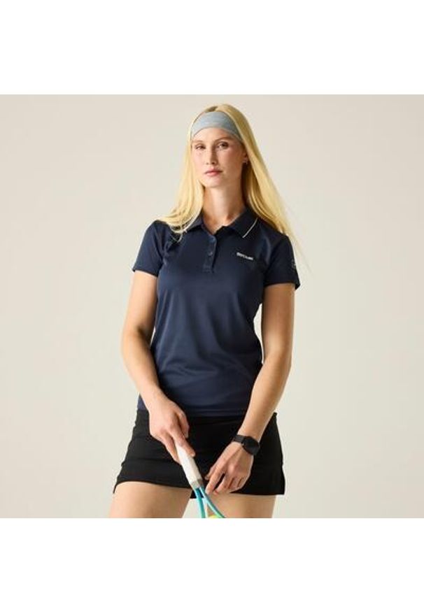 Regatta - Koszulka turystyczna polo damska Maverick V. Typ kołnierza: polo. Kolor: niebieski. Materiał: poliester. Styl: klasyczny