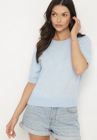 Born2be - Niebieski Sweter z Wełną i Krótkim Rękawem Turosa. Okazja: na co dzień. Kolor: niebieski. Materiał: wełna. Długość rękawa: krótki rękaw. Długość: krótkie. Styl: klasyczny, elegancki, casual #3