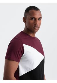 Ombre Clothing - Męski t-shirt trójkolorowy bawełniany - bordowo-czarny V5. Okazja: na co dzień. Kolor: czerwony. Materiał: bawełna. Wzór: geometria. Styl: klasyczny, casual