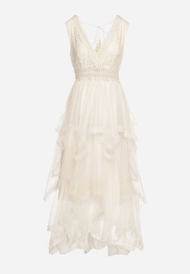 Born2be - Beżowa Sukienka z Kopertowym Dekoltem Wiązaniem na Plecach i Asymetrycznym Dołem z Siateczki Helolla. Okazja: na co dzień. Typ kołnierza: dekolt kopertowy. Kolor: beżowy. Materiał: jeans. Typ sukienki: asymetryczne, kopertowe. Styl: casual, elegancki