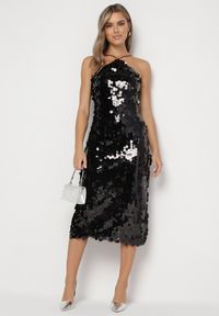 Born2be - Czarna Asymetryczna Sukienka Bogato Zdobiona Cekinami z Wiązaniem na Plecach Lericie. Kolor: czarny. Wzór: aplikacja. Typ sukienki: asymetryczne #7
