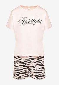 Renee - Beżowy Komplet Piżamowy z Bawełny T-shirt i Szorty z Motywem Zebry Milaria. Kolor: beżowy. Materiał: bawełna. Wzór: motyw zwierzęcy
