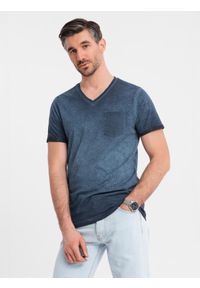 Ombre Clothing - Bawełniany męski t-shirt V-neck z dzianiny z efektem sprania - granatowy V7 - Rozmiar: S. Okazja: na co dzień. Typ kołnierza: dekolt w serek. Kolor: niebieski. Materiał: bawełna, dzianina. Wzór: melanż. Styl: vintage, casual, klasyczny