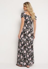 Born2be - Czarno-Biała Rozkloszowana Sukienka w Kwiaty z Marszczonym Dekoltem Disteria. Okazja: na co dzień. Kolor: czarny. Materiał: jeans. Wzór: kwiaty. Sezon: lato, wiosna. Styl: vintage, elegancki, casual #5