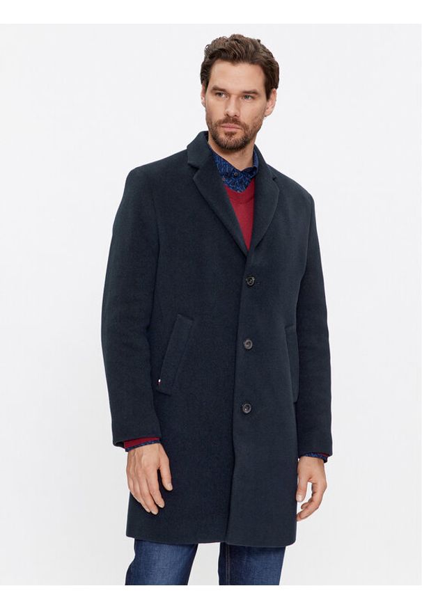 TOMMY HILFIGER - Tommy Hilfiger Płaszcz wełniany MW0MW32963 Granatowy Regular Fit. Kolor: niebieski. Materiał: wełna, syntetyk