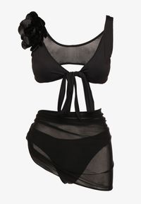 Renee - Czarne Bikini Majtki Figi Biustonosz z Broszką Kwiatu 3D i Siateczkowe Pareo Folissa. Kolor: czarny. Wzór: kwiaty