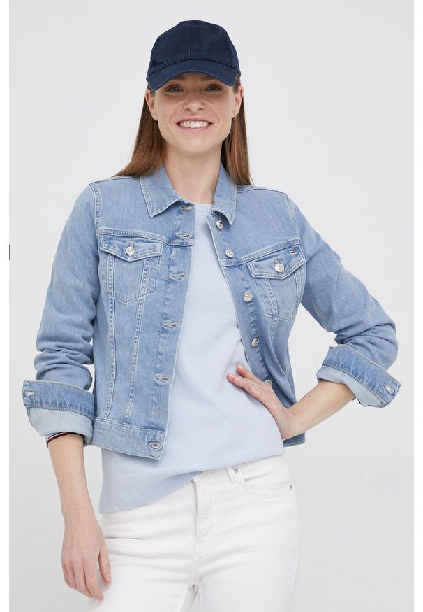 TOMMY HILFIGER - Tommy Hilfiger kurtka jeansowa damska przejściowa. Okazja: na co dzień. Kolor: niebieski. Materiał: jeans. Styl: casual