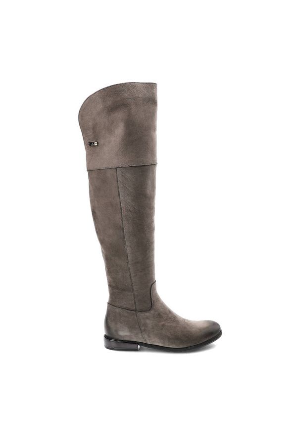 Szare Kozaki Carinii Skórzane Buty Damskie. Okazja: na co dzień. Wysokość cholewki: za kolano. Kolor: szary. Materiał: skóra. Szerokość cholewki: normalna. Styl: casual