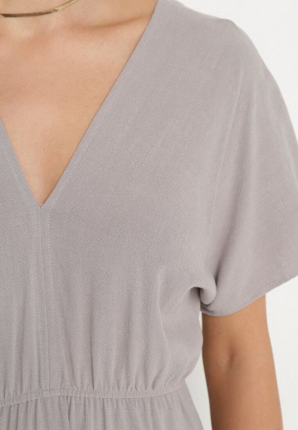 Born2be - Szara Sukienka z Lnem i Wiskozą Ozdobiona Wiązaniem Elliova. Okazja: na co dzień. Kolor: szary. Materiał: len, wiskoza. Wzór: aplikacja. Typ sukienki: rozkloszowane. Styl: casual