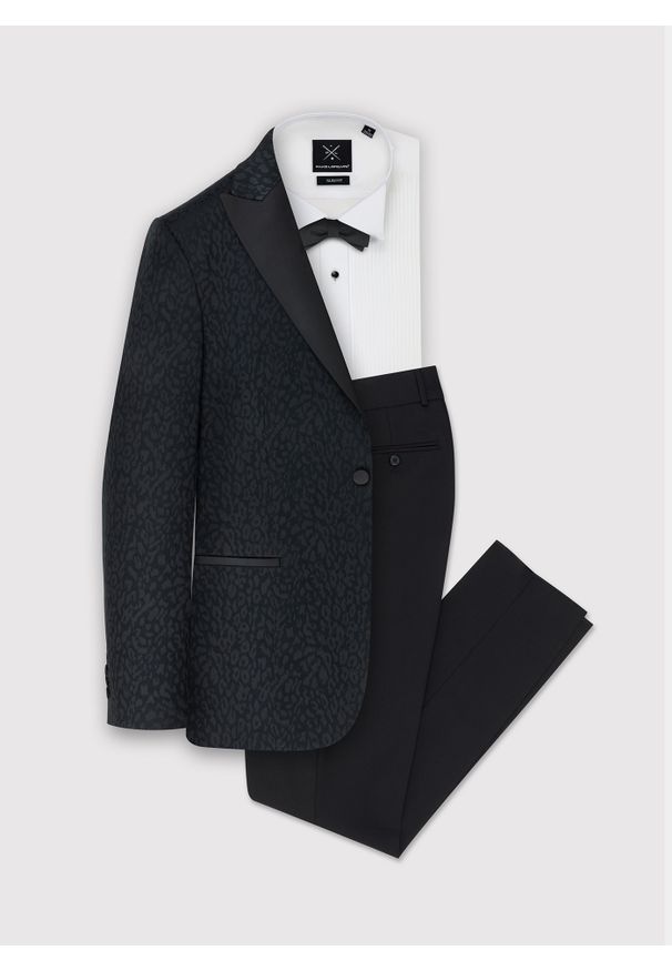 Pako Lorente - PAKO LORENTE – Czarna żakardowa marynarka smokingowa. Okazja: na studniówkę, na ślub cywilny, na sylwestra, na wesele. Kolor: czarny. Materiał: żakard