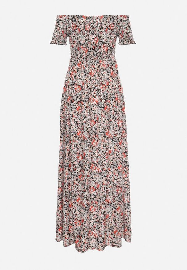 Born2be - Czarno-Beżowa Sukienka Hiszpanka Długa z Bawełny w Kwiatowy Print Mrosa. Typ kołnierza: dekolt hiszpanka. Kolor: czarny. Materiał: bawełna. Wzór: nadruk, kwiaty. Sezon: wiosna, lato. Typ sukienki: z odkrytymi ramionami. Styl: elegancki, boho. Długość: maxi