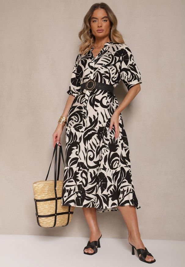 Renee - Czarna Rozkloszowana Sukienka z Wiskozy Ozdobiona Falbaną Filesenia. Kolor: czarny. Materiał: wiskoza. Wzór: aplikacja. Styl: elegancki