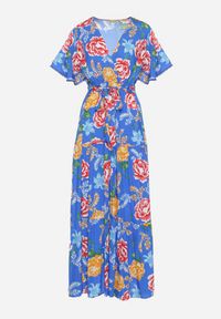 Born2be - Niebieska Sukienka Maxi z Gumką w Talii z Szerokimi Rękawami i Kwiatowym Printem Nodriala. Okazja: na imprezę. Kolor: niebieski. Wzór: nadruk, kwiaty. Sezon: lato. Długość: maxi #6