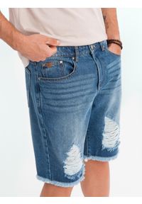 Ombre Clothing - Męskie krótkie spodenki jeansowe z przetarciami i dziurami – niebieskie V3 - Rozmiar: M. Okazja: na co dzień. Kolor: niebieski. Materiał: jeans. Długość: krótkie. Wzór: aplikacja. Sezon: lato. Styl: klasyczny, casual #9