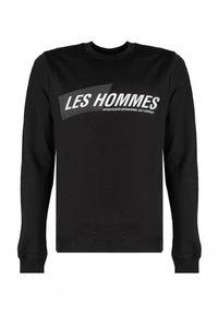 Les Hommes Bluza | LLH401-758P | Round Neck Sweater | Mężczyzna | Czarny. Okazja: na co dzień. Kolor: czarny. Materiał: bawełna. Wzór: nadruk. Styl: casual