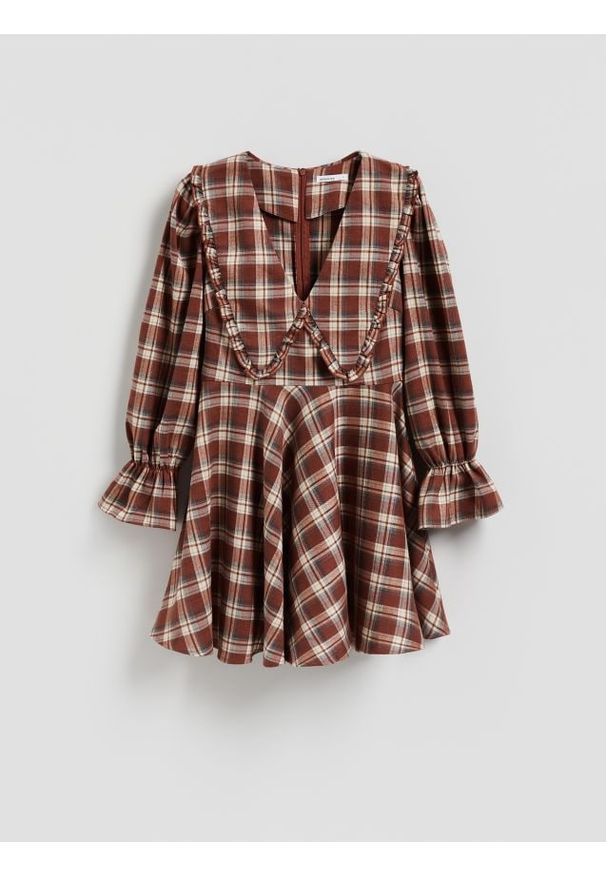 Reserved - Sukienka w kratkę z kołnierzem - burgundowy. Kolor: czerwony. Materiał: tkanina. Wzór: kratka