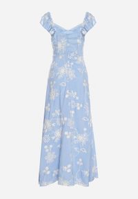 Born2be - Niebieska Wiskozowa Sukienka Ozdobiona Haftami i Falbankami Lumionea. Typ kołnierza: kołnierz z falbankami. Kolor: niebieski. Materiał: wiskoza. Wzór: haft, aplikacja. Styl: elegancki #4