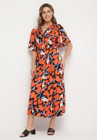 Born2be - Pomarańczowa Sukienka z Bawełną i Bufiastymi Rękawami w Kwiaty Lunedita. Okazja: na co dzień. Kolor: pomarańczowy. Materiał: bawełna. Wzór: kwiaty. Styl: elegancki, casual #1