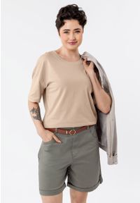 Volcano - Gładki t-shirt, Comfort Fit, T-RODOS. Kolor: beżowy. Materiał: bawełna, skóra, materiał. Długość: długie. Wzór: gładki #1