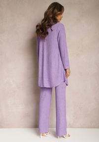 Renee - Fioletowy Komplet z Ozdobnym Prążkowaniem z Koszulą z Topem i Spodniami Raliva. Kolor: fioletowy. Materiał: prążkowany #4