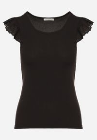 Born2be - Czarny Top z Ażurowymi Falbankami Bez Rękawów Sonnelle. Okazja: na co dzień. Typ kołnierza: kołnierz z falbankami. Kolor: czarny. Materiał: jeans. Długość rękawa: bez rękawów. Wzór: ażurowy. Styl: klasyczny, elegancki, casual #6