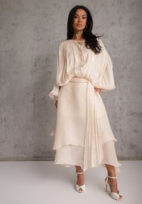 Renee - Jasnobeżowa Rozkloszowana Sukienka Wieczorowa z Szyfonowej Tkaniny Amanna. Kolor: beżowy. Materiał: szyfon, tkanina. Wzór: aplikacja. Typ sukienki: rozkloszowane. Styl: wizytowy #1