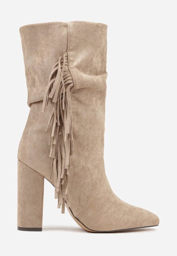 Born2be - Ciemnobeżowe Botki w Stylu Kowbojek na Obcasie Ozdobione Frędzlami Reitania. Okazja: na co dzień. Kolor: beżowy. Materiał: jeans. Wzór: aplikacja. Obcas: na obcasie. Styl: casual, klasyczny. Wysokość obcasa: średni