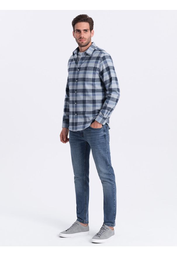Ombre Clothing - Flanelowa koszula męska w kratę - niebiesko-szara V1. Kolor: szary. Materiał: bawełna. Styl: klasyczny