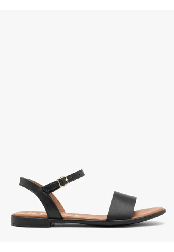 Ryłko - Czarne sandały damskie płaskie. Okazja: na co dzień. Zapięcie: sprzączka. Kolor: czarny. Materiał: skóra. Wzór: aplikacja. Styl: klasyczny, casual, elegancki, street