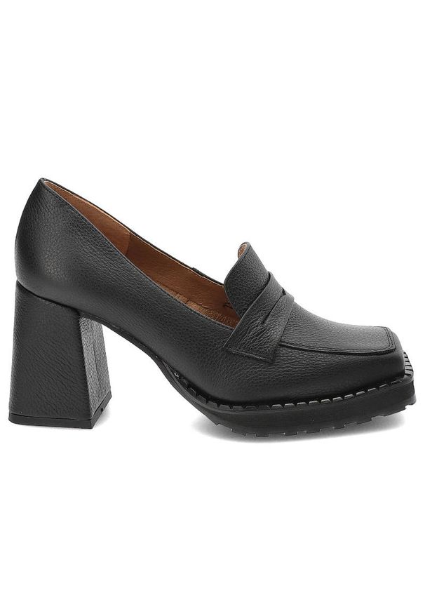 Czarne Półbuty Exquisite Eleganckie Skórzane Buty Damskie. Zapięcie: bez zapięcia. Kolor: czarny. Materiał: skóra. Szerokość cholewki: normalna. Wzór: aplikacja. Obcas: na obcasie. Styl: elegancki. Wysokość obcasa: średni