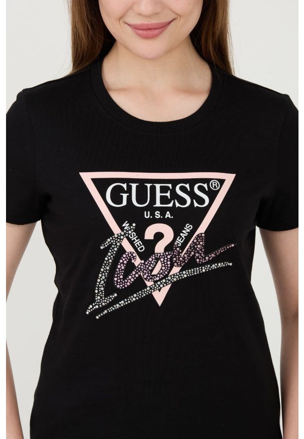 Guess - GUESS Czarny damski t-shirt bawełniany Icon Tee, Rozmiar M. Kolor: czarny. Materiał: bawełna