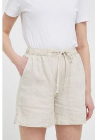 TOMMY HILFIGER - Tommy Hilfiger szorty lniane kolor beżowy gładkie high waist. Stan: podwyższony. Kolor: beżowy. Materiał: len. Wzór: gładki #1