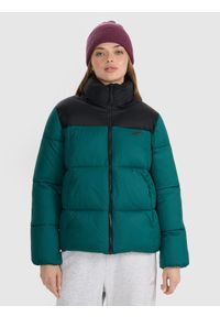 4f - 4F Kurtka puchowa z wypełnieniem syntetycznym damska - zielona S. Okazja: na co dzień. Typ kołnierza: bez kaptura. Kolor: zielony. Materiał: syntetyk, puch. Długość: długie. Sezon: zima. Styl: casual, klasyczny, sportowy #1