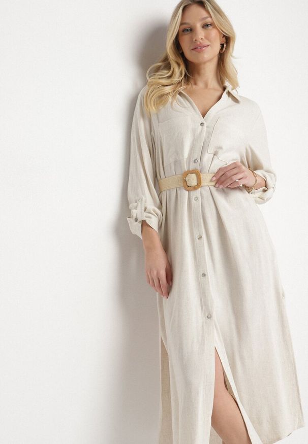 Born2be - Beżowa Koszulowa Sukienka z Lnem i Wiskozą z Regulowanymi Rękawami Melvezia. Okazja: na co dzień. Kolor: beżowy. Materiał: len, wiskoza. Typ sukienki: koszulowe. Styl: casual