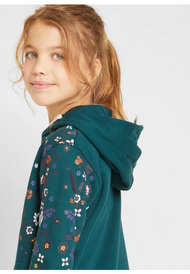 bonprix - Bluza z kapturem, bawełna organiczna. Typ kołnierza: kaptur. Kolor: niebieski. Materiał: bawełna. Wzór: nadruk, kwiaty