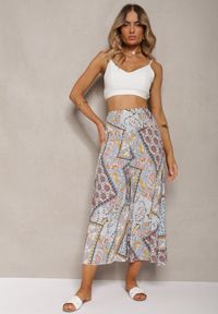 Renee - Beżowo-Niebieskie Szerokie Spodnie Culottes z Mozaikowym Wzorem i Gumką w Pasie Mizina. Kolor: beżowy. Materiał: wiskoza. Sezon: lato. Styl: boho