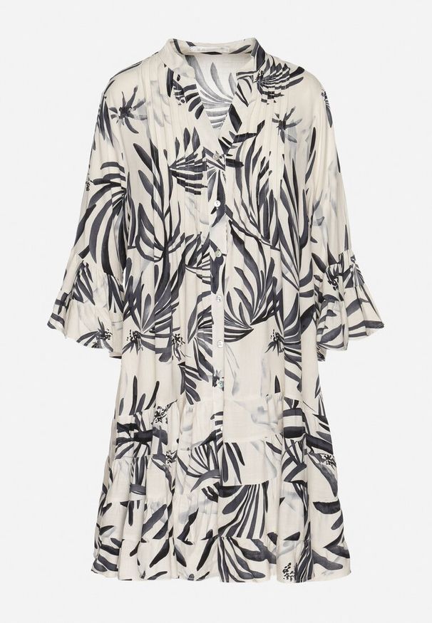 Born2be - Ciemnoszara Sukienka z Wiskozy o Rozkloszowanym Kroju z Falbanami w Roślinny Wzór Ridiara. Okazja: na co dzień, na imprezę. Typ kołnierza: dekolt w serek. Kolor: szary. Materiał: wiskoza. Typ sukienki: rozkloszowane. Styl: casual, elegancki, klasyczny