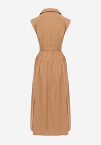 Renee - Beżowa Bawełniano-Wiskozowa Sukienka Koszulowa Bez Rękawów z Paskiem Athithoe. Okazja: na co dzień. Kolor: beżowy. Materiał: wiskoza, bawełna. Długość rękawa: bez rękawów. Typ sukienki: koszulowe. Styl: casual, elegancki #6