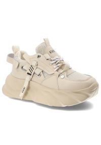 Sneakersy damskie GOE, cholewka ze skóry ekologicznej i materiałowej siateczkowe panele klasyczne wiązanie, beżowe, TT2N4012. Kolor: beżowy. Materiał: materiał, skóra ekologiczna. Szerokość cholewki: normalna. Styl: klasyczny #1