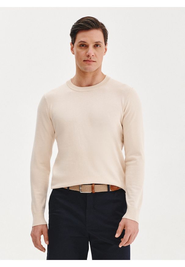 Pako Lorente - PAKO LORENTE – Beżowy sweter męski o-neck. Kolor: beżowy, niebieski. Materiał: wiskoza, poliamid. Wzór: gładki. Sezon: wiosna