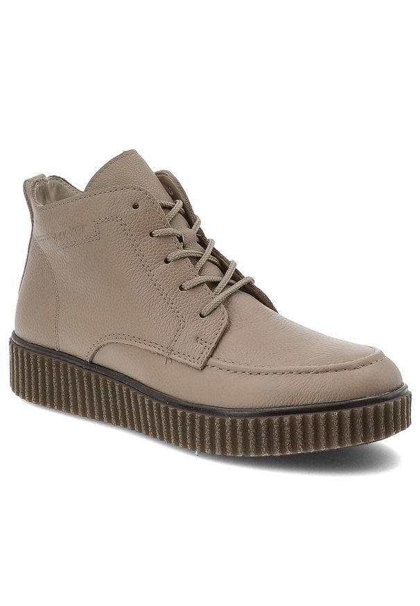 Beżowe Botki Rieker Modne Obuwie Damskie. Okazja: na co dzień. Zapięcie: sznurówki. Kolor: beżowy. Materiał: skóra. Szerokość cholewki: normalna. Styl: klasyczny, casual, elegancki