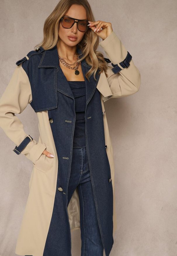 Renee - Beżowo-Granatowy Płaszcz z Bawełną Typu Trencz z Jeansowymi Wstawkami Felsedi. Okazja: na co dzień. Kolor: beżowy. Materiał: bawełna, jeans. Styl: klasyczny, casual, elegancki