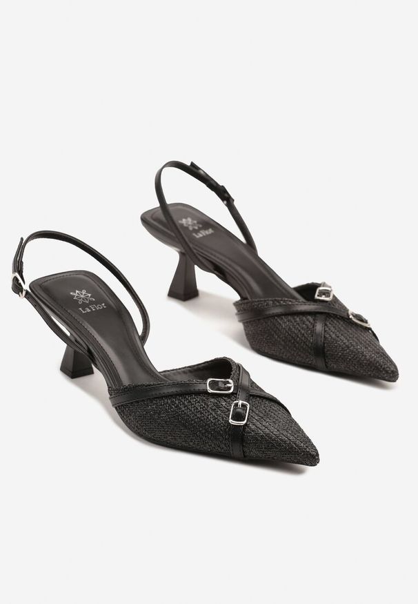 Born2be - Czarne Sandały Slingback na Obcasie Typu Kaczuszka Zdobione Klamrami Adivilo. Okazja: na co dzień. Zapięcie: klamry. Kolor: czarny. Wzór: aplikacja. Obcas: na obcasie. Styl: wizytowy, casual, klasyczny, elegancki. Wysokość obcasa: średni