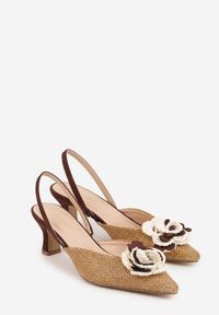 Renee - Brązowe Sandały Slingback na Kaczuszce z Tweedowymi Wstawkami i Kwiatem 3D Zehe. Okazja: na co dzień, na imprezę. Zapięcie: bez zapięcia. Kolor: brązowy. Materiał: jeans, koronka. Wzór: kwiaty. Obcas: na szpilce. Styl: casual, elegancki #4