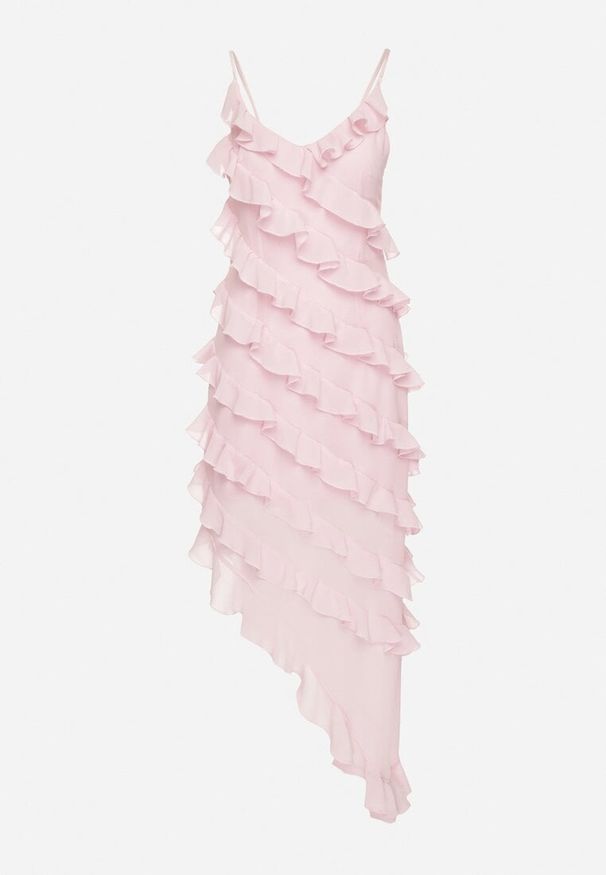 Born2be - Różowa Asymetryczna Sukienka Ozdobiona Falbankami Linariela. Typ kołnierza: kołnierz z falbankami. Kolor: różowy. Długość rękawa: na ramiączkach. Wzór: aplikacja. Typ sukienki: asymetryczne. Styl: elegancki