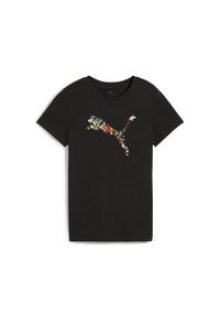 Puma - Damska koszulka z logo GRAPHICS Floral Cat PUMA Black. Kolor: czarny. Materiał: guma. Wzór: kwiaty, nadruk