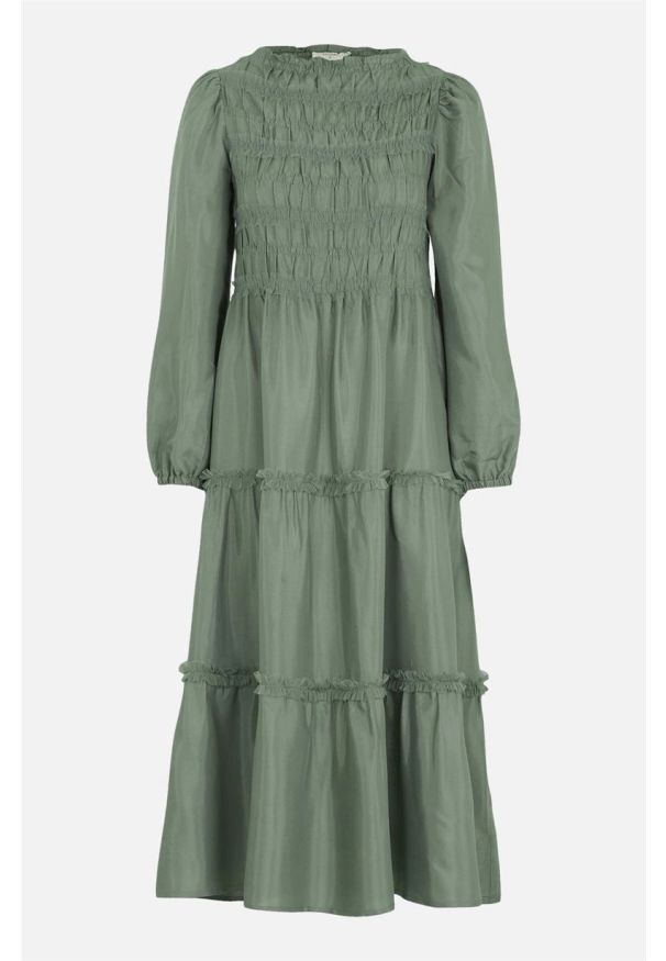 Cream - Długa sukienka z marszczeniem Mockia. Kolor: zielony. Materiał: włókno, wiskoza. Długość rękawa: długi rękaw. Długość: maxi