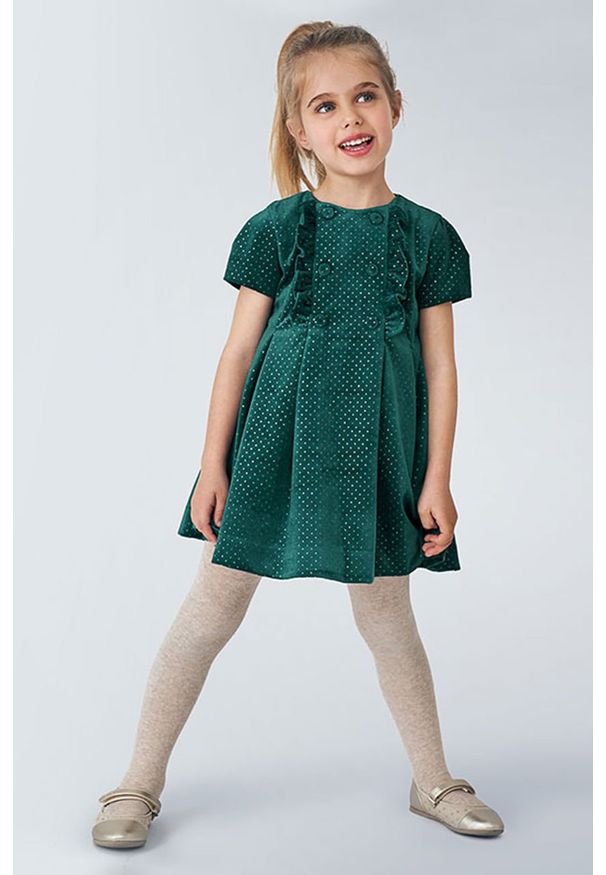 Mayoral - Sukienka dziecięca 92-134 cm. Kolor: zielony. Materiał: tkanina, bawełna, poliester, materiał. Długość rękawa: krótki rękaw. Wzór: gładki. Typ sukienki: rozkloszowane. Długość: mini