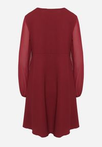 Born2be - Bordowa Sukienka o Rozkloszowanym Kroju z Półtransparentnymi Rękawami Edalinne. Okazja: na co dzień, do pracy. Kolor: czerwony. Materiał: skóra. Typ sukienki: proste. Styl: casual, elegancki #2