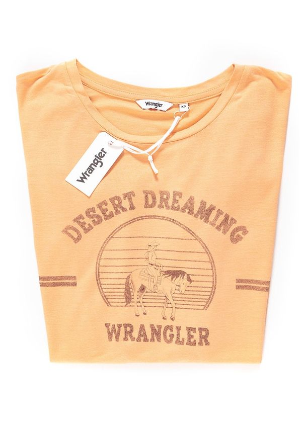 Wrangler - WRANGLER T SHIRT DAMSKI DRAPE TEE APRICOT NECTAR W7016DI65 112130884. Wzór: nadruk. Styl: vintage